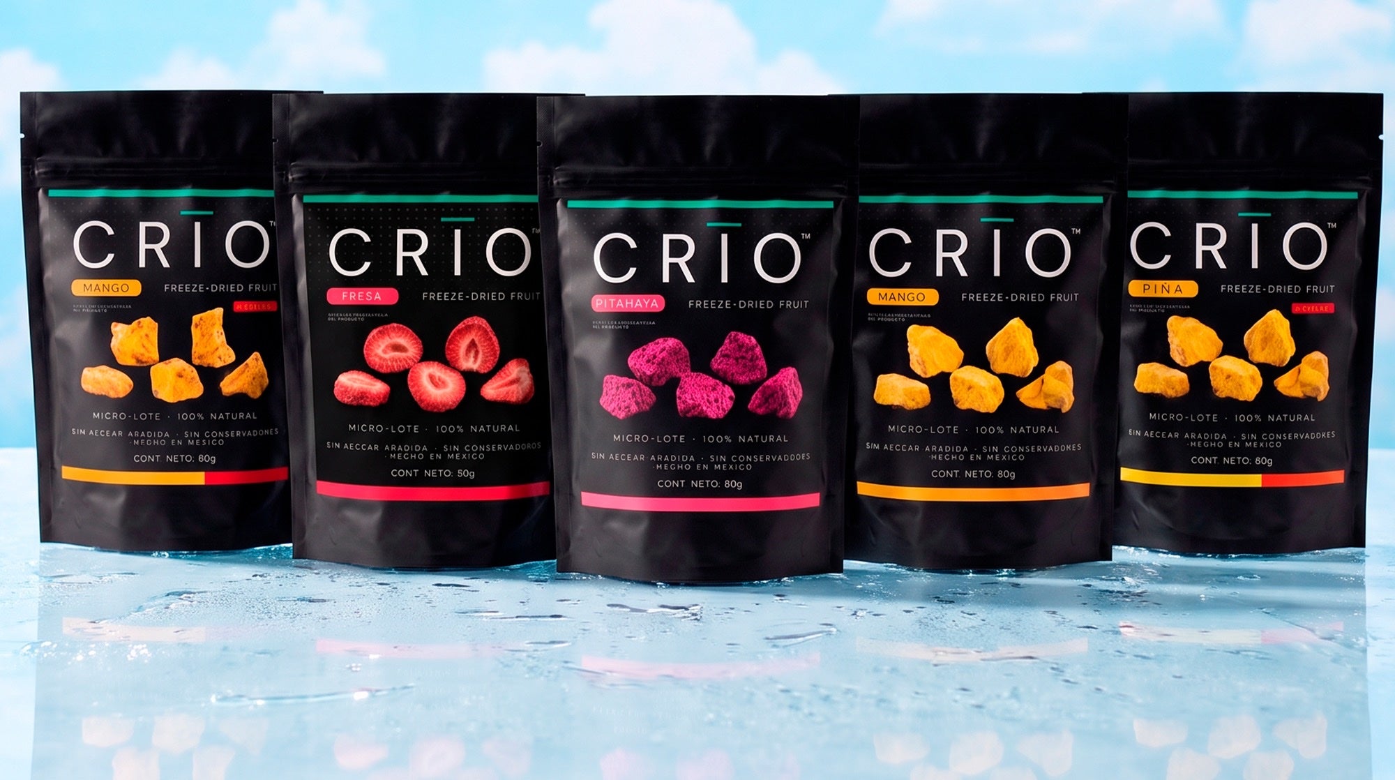Los cinco sabores de CRÍO: mango, fresa, pitahaya, mango con chile y piña con chile